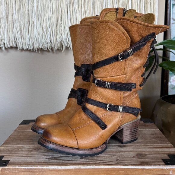 FREEBIRD Cora Genuine Leather Tan Brown Straps Silver Hardware Boots Size 7 - Picture 1 of 17